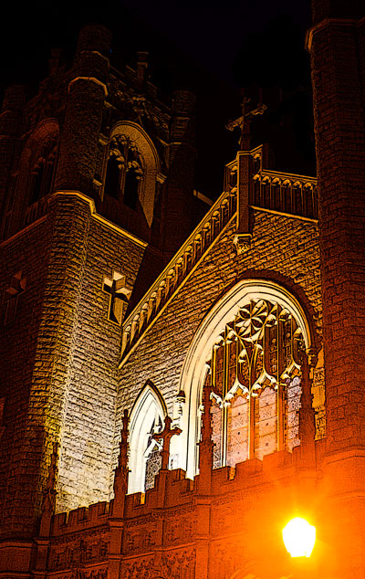 Church aglow at night.